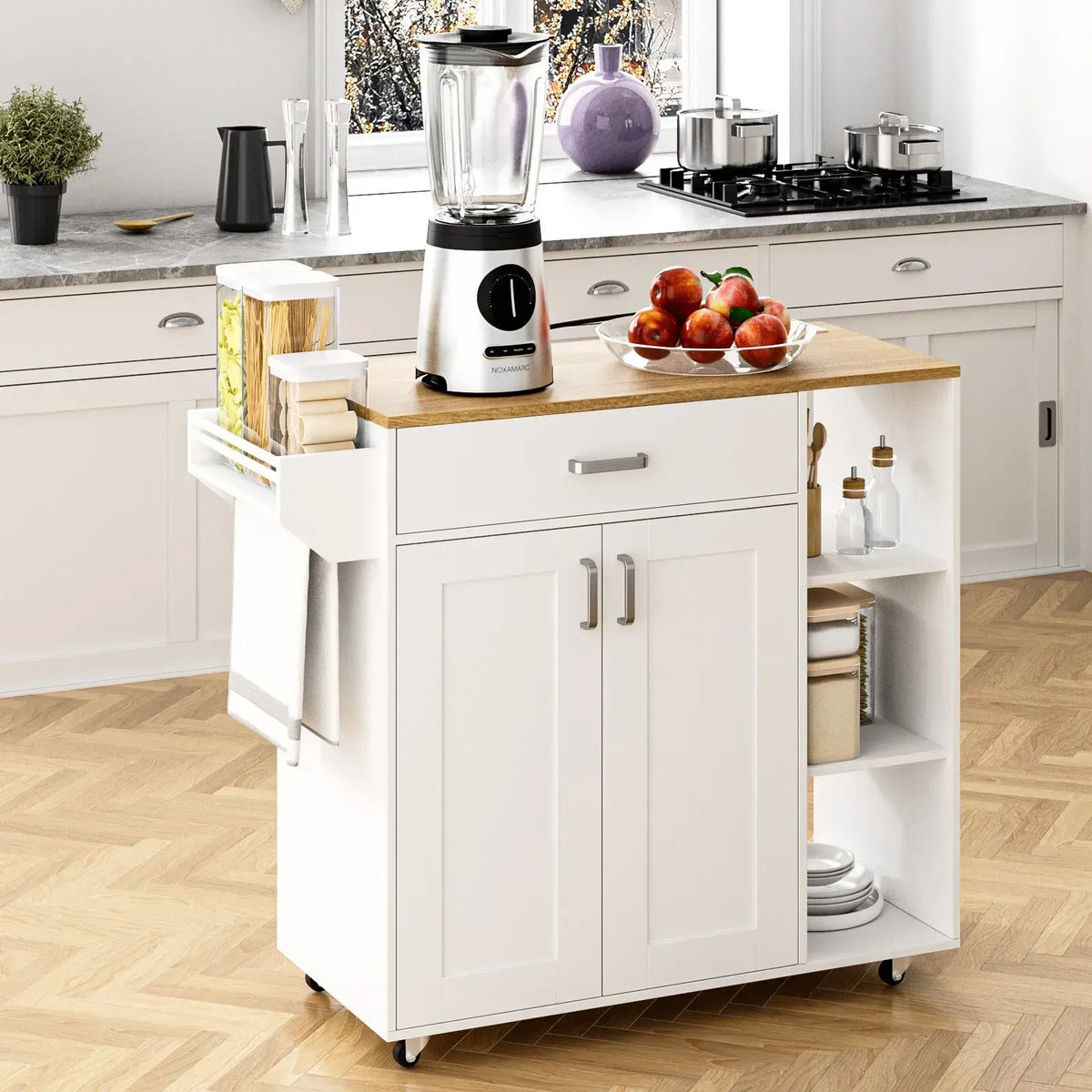 Kitchen Island Cart on Wheels with Charging Station, White, 83x38x82cm - Image 4