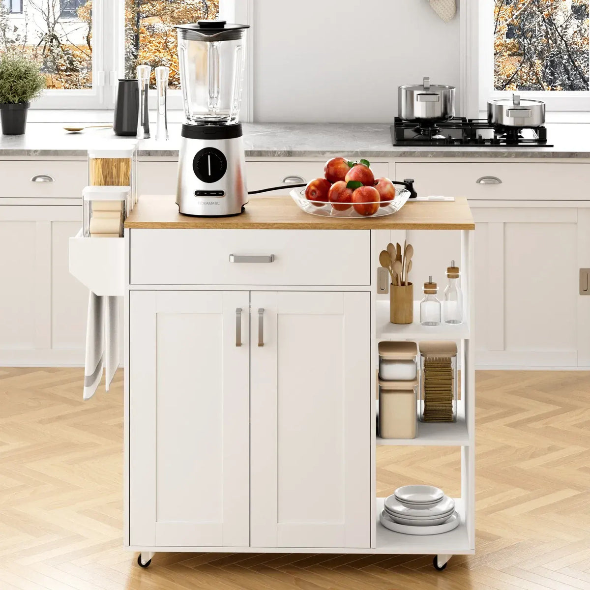 Kitchen Island Cart on Wheels with Charging Station, White, 83x38x82cm - Image 6