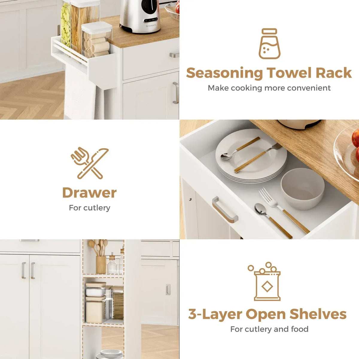 Kitchen Island Cart on Wheels with Charging Station, White, 83x38x82cm - Image 8