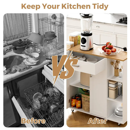 Kitchen Island Cart on Wheels with Charging Station, White, 83x38x82cm - Image 9