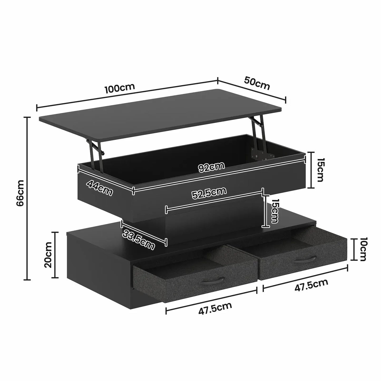LED Lift Top Coffee Table in Black with 2-Tier Design and Drawers for Living Room - Image 2