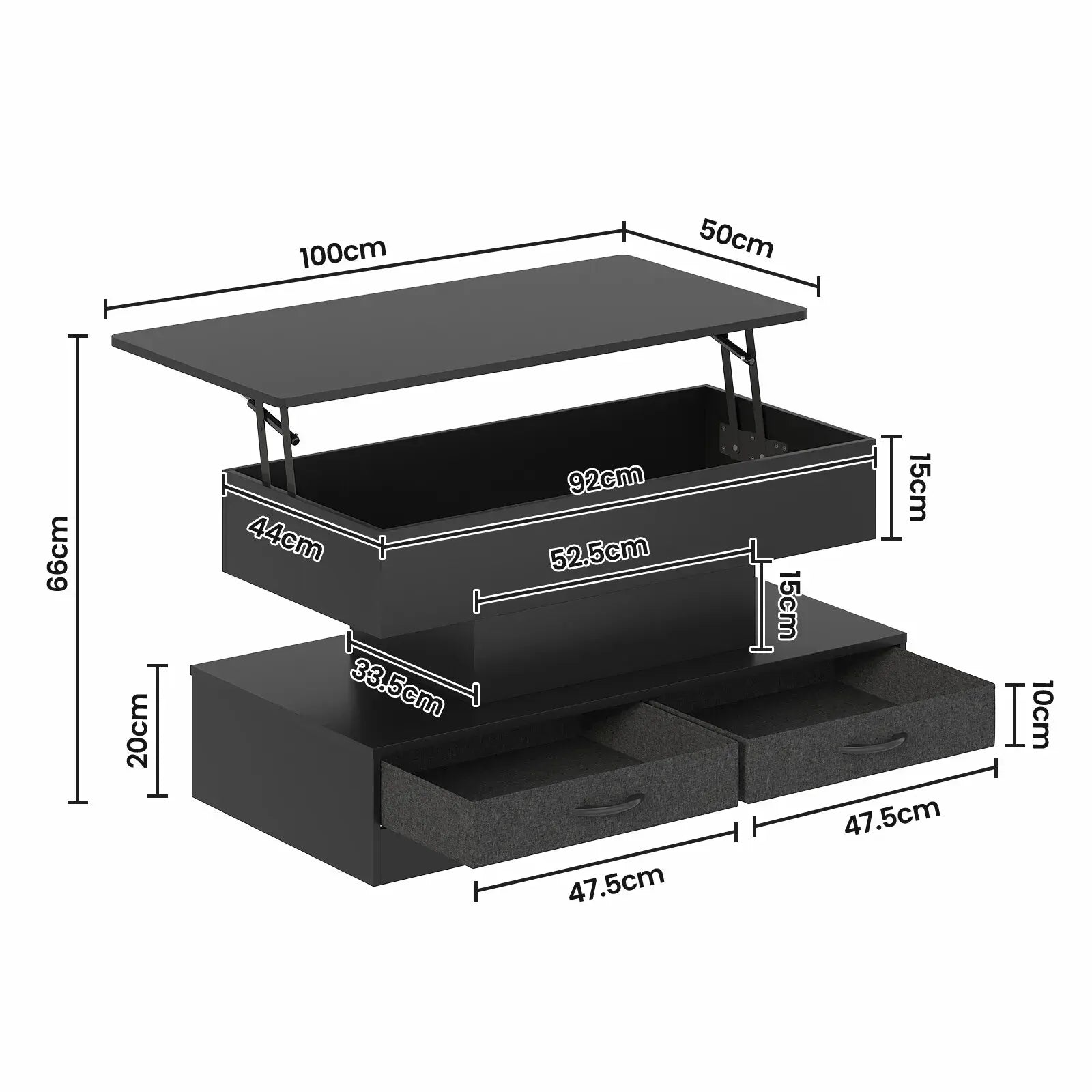 LED Lift Top Coffee Table in Black with 2-Tier Design and Drawers for Living Room - Image 2