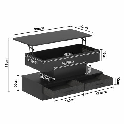 LED Lift Top Coffee Table in Black with 2-Tier Design and Drawers for Living Room - Image 2