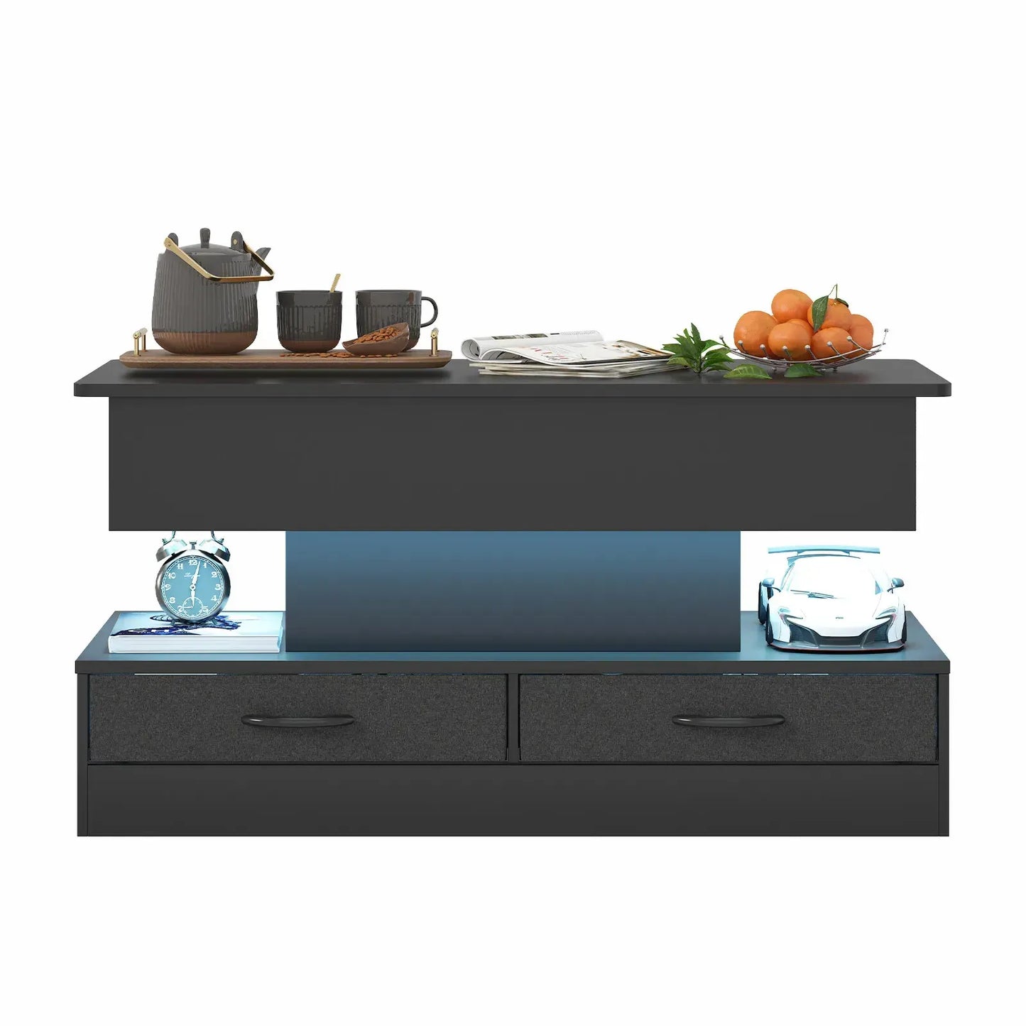 LED Lift Top Coffee Table in Black with 2-Tier Design and Drawers for Living Room - Image 4