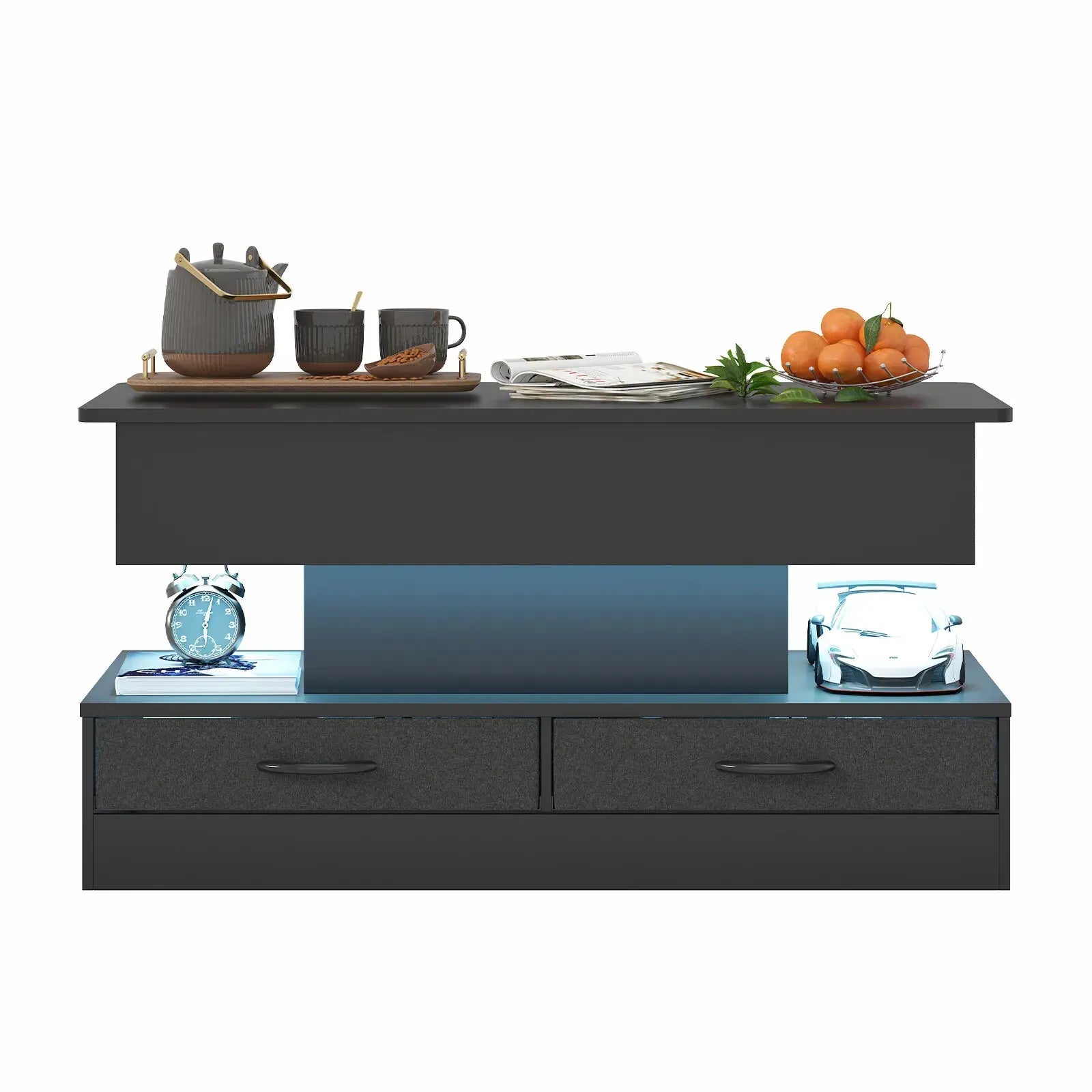 LED Lift Top Coffee Table in Black with 2-Tier Design and Drawers for Living Room - Image 4