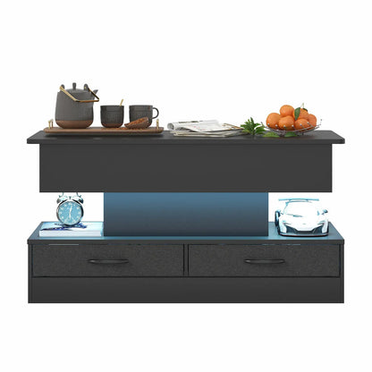 LED Lift Top Coffee Table in Black with 2-Tier Design and Drawers for Living Room - Image 4