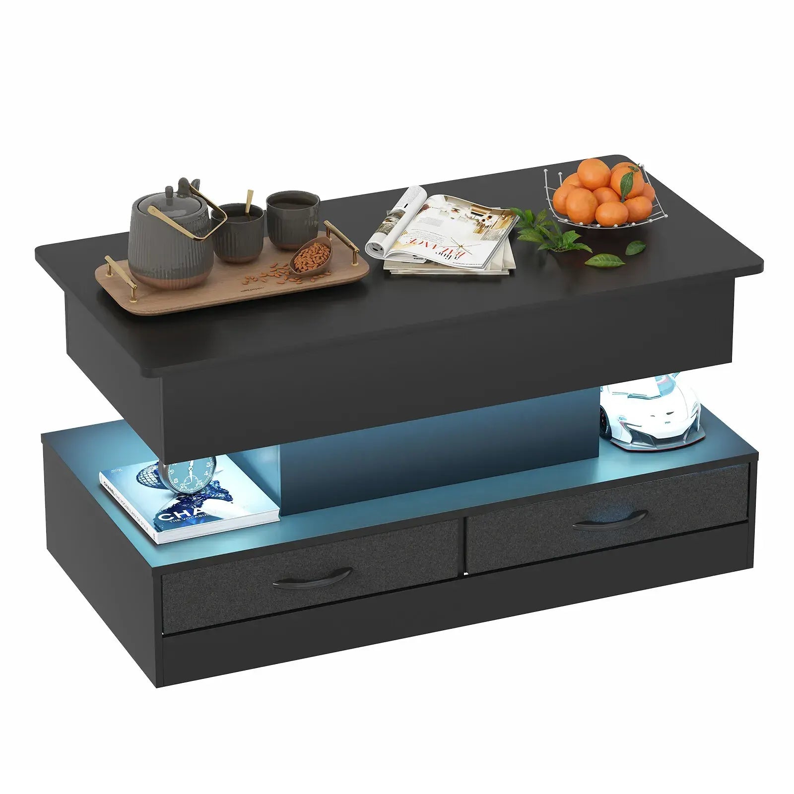 LED Lift Top Coffee Table in Black with 2-Tier Design and Drawers for Living Room - Image 6