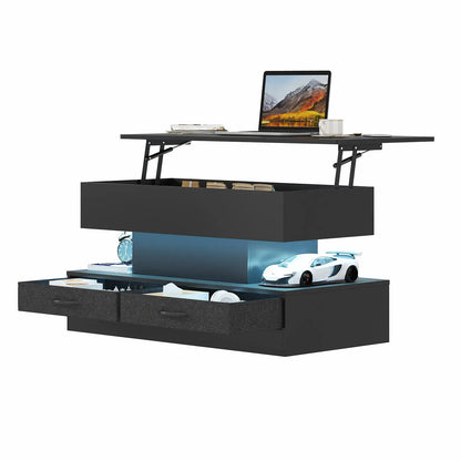 LED Lift Top Coffee Table in Black with 2-Tier Design and Drawers for Living Room - Image 7