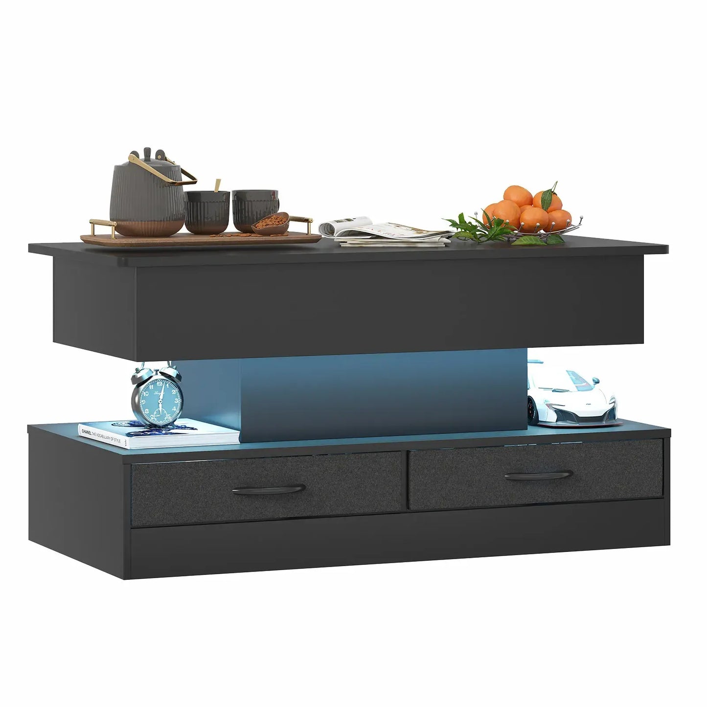 LED Lift Top Coffee Table in Black with 2-Tier Design and Drawers for Living Room - Image 8