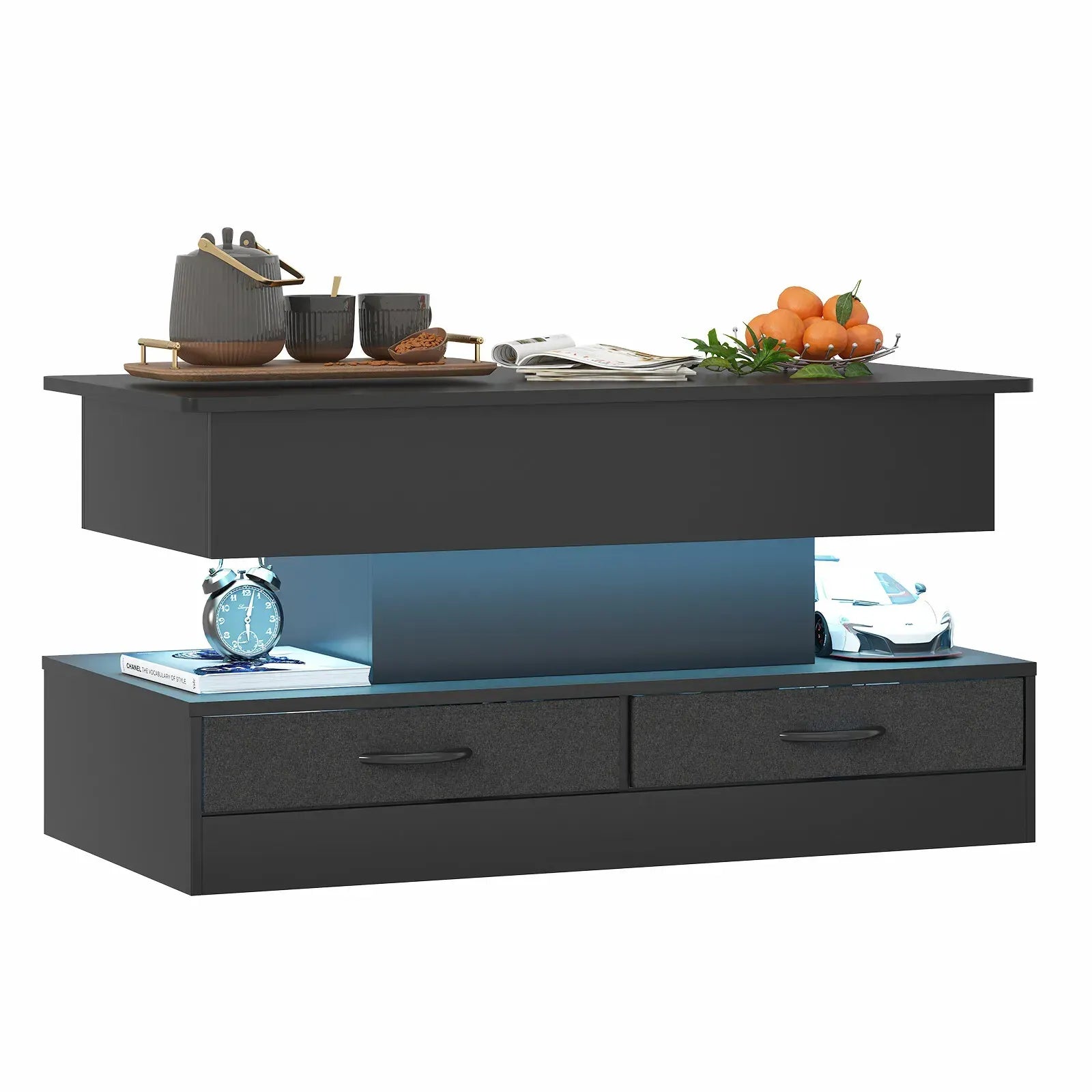 LED Lift Top Coffee Table in Black with 2-Tier Design and Drawers for Living Room - Image 8