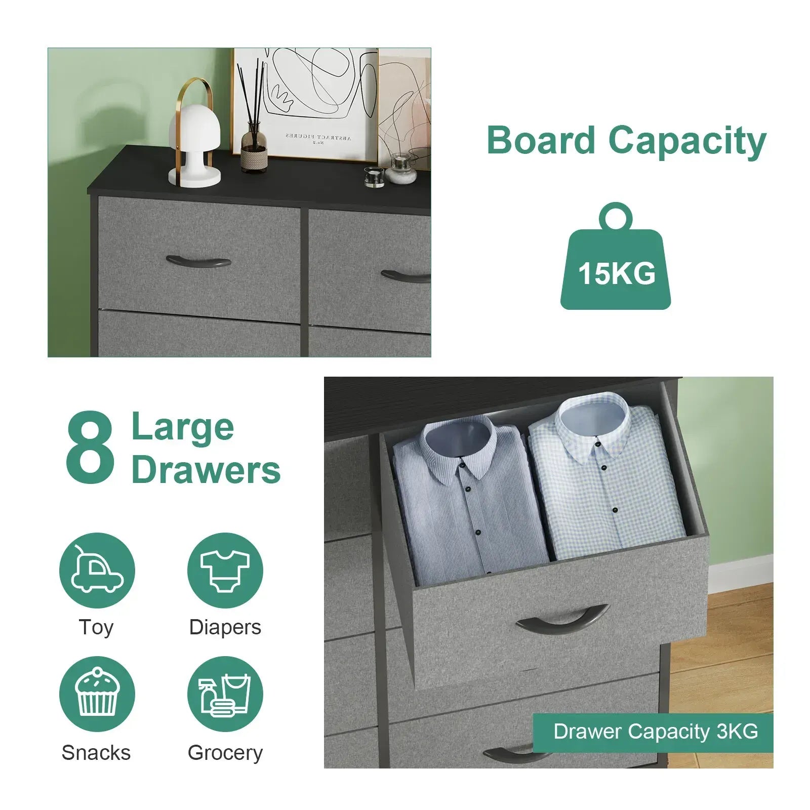 Grey Tallboy Chest of 8 Drawers Storage Cabinet for Bedroom and Living Room - Image 4