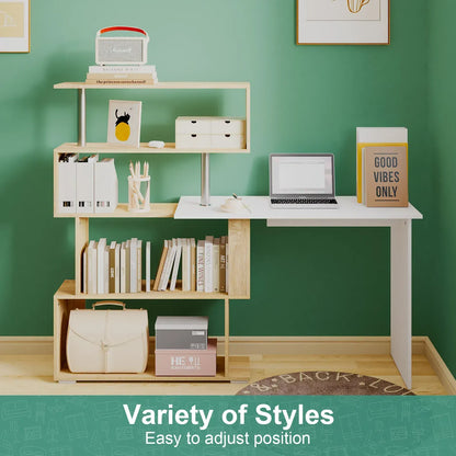 Adjustable Computer Desk with Storage Shelving in White Jointed Oak, 131x86x106cm - Image 2