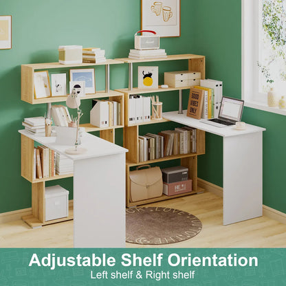 Adjustable Computer Desk with Storage Shelving in White Jointed Oak, 131x86x106cm - Image 3