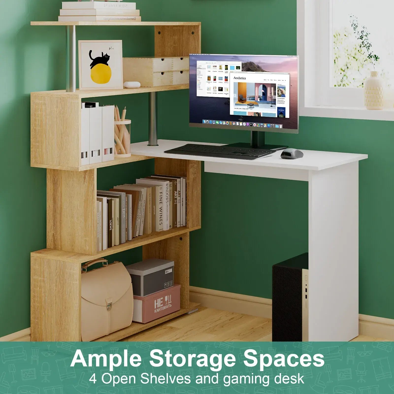 Adjustable Computer Desk with Storage Shelving in White Jointed Oak, 131x86x106cm - Image 4