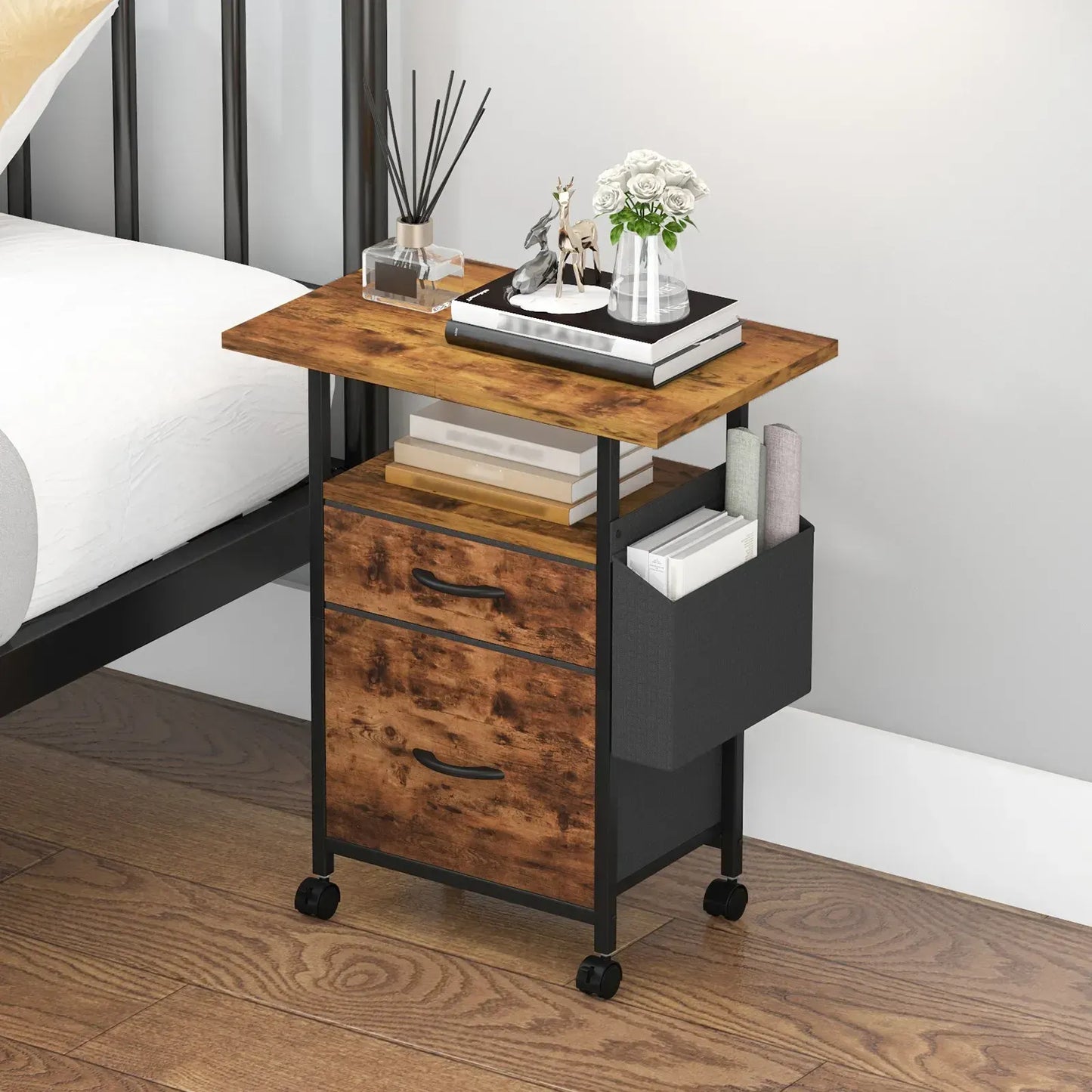 61x38cm Walnut Printer Stand, 4-Tier Mobile File Cabinet with Storage Drawer - Image 5