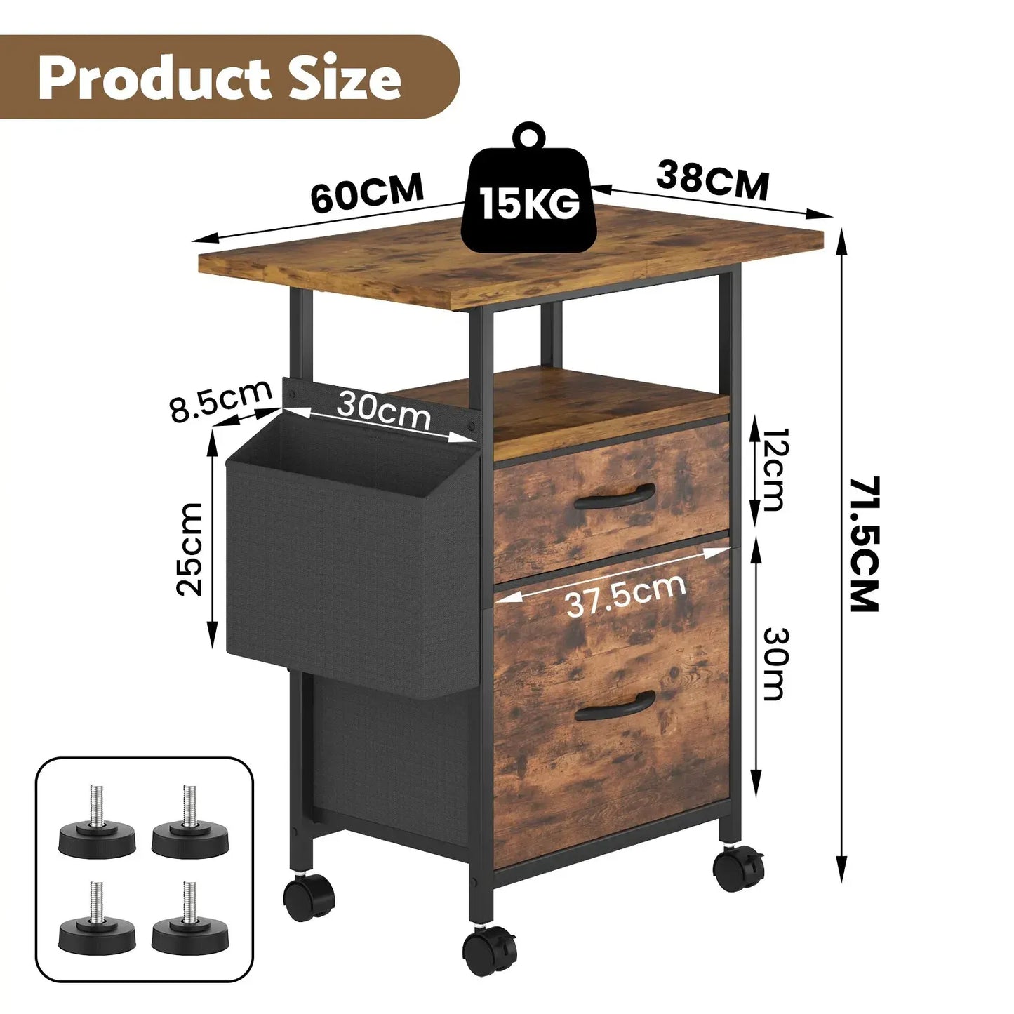 61x38cm Walnut Printer Stand, 4-Tier Mobile File Cabinet with Storage Drawer - Image 8