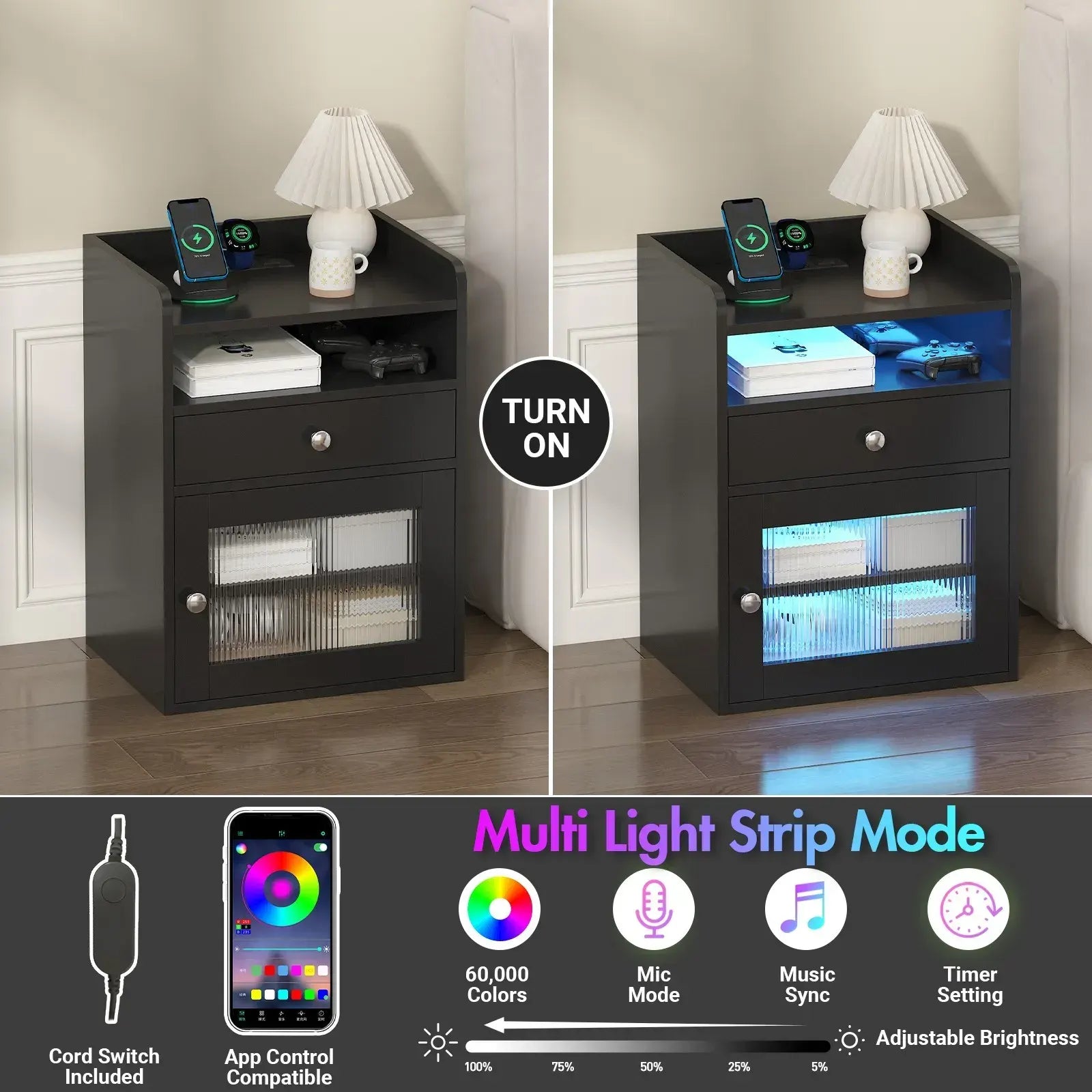 Black Bedside Table with Acrylic Door, Charging Station and RGB LED Light - Image 2