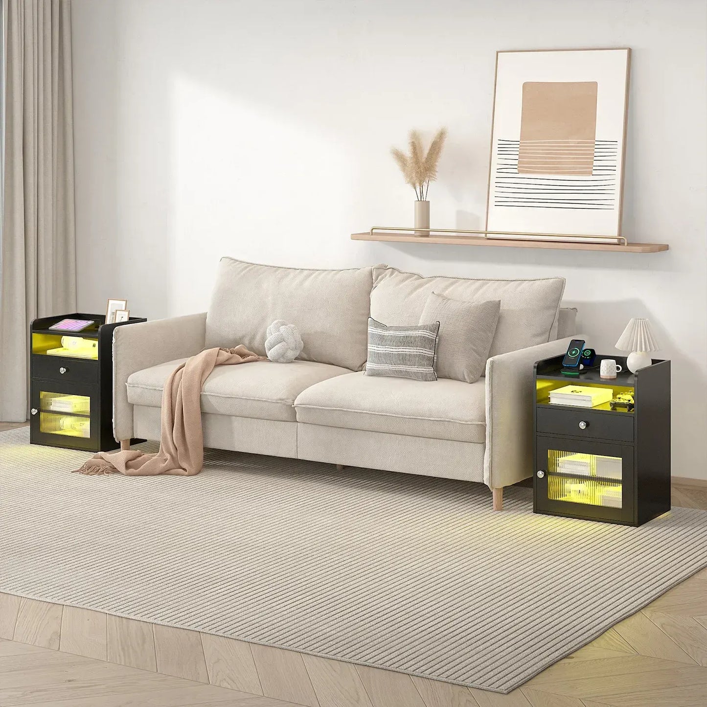 Black Bedside Table with Acrylic Door, Charging Station and RGB LED Light - Image 3