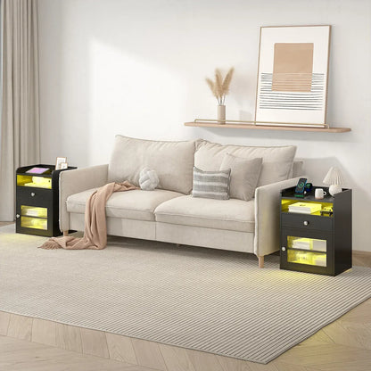 Black Bedside Table with Acrylic Door, Charging Station and RGB LED Light - Image 3