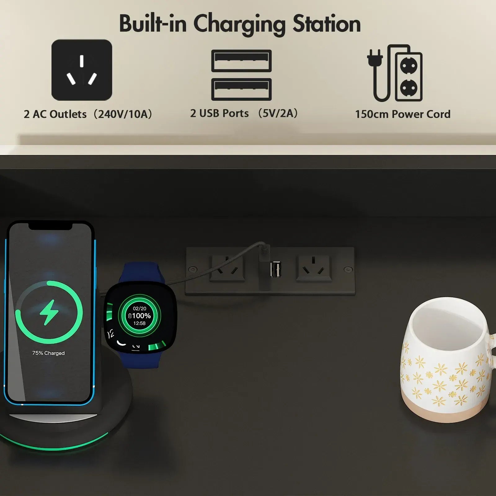 Black Bedside Table with Acrylic Door, Charging Station and RGB LED Light - Image 4