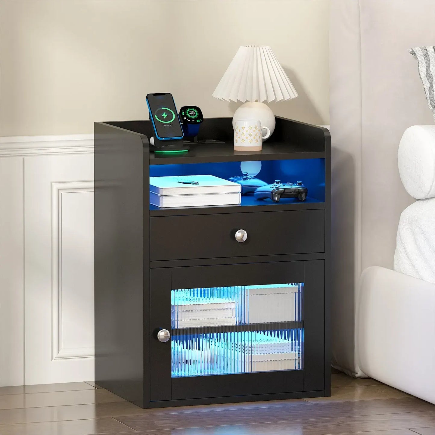 Black Bedside Table with Acrylic Door, Charging Station and RGB LED Light - Image 5