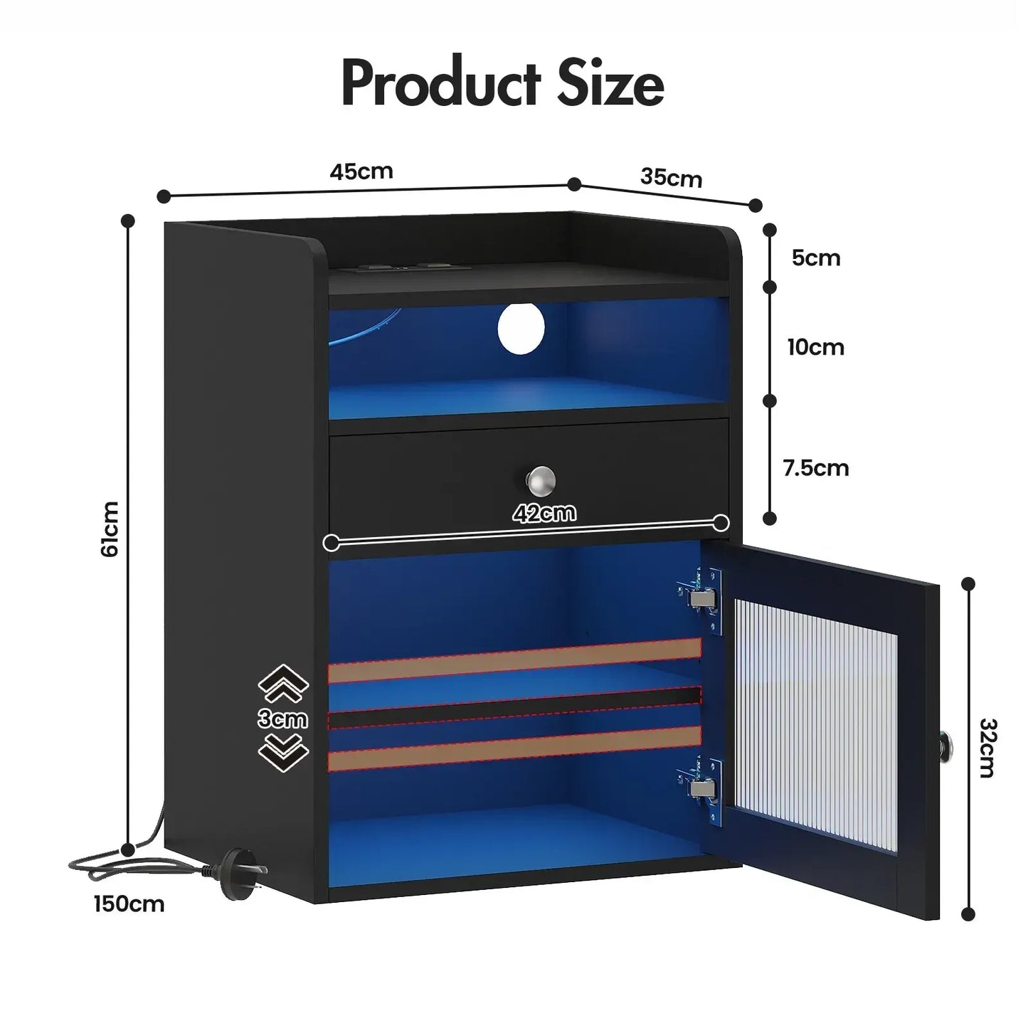 Black Bedside Table with Acrylic Door, Charging Station and RGB LED Light - Image 6