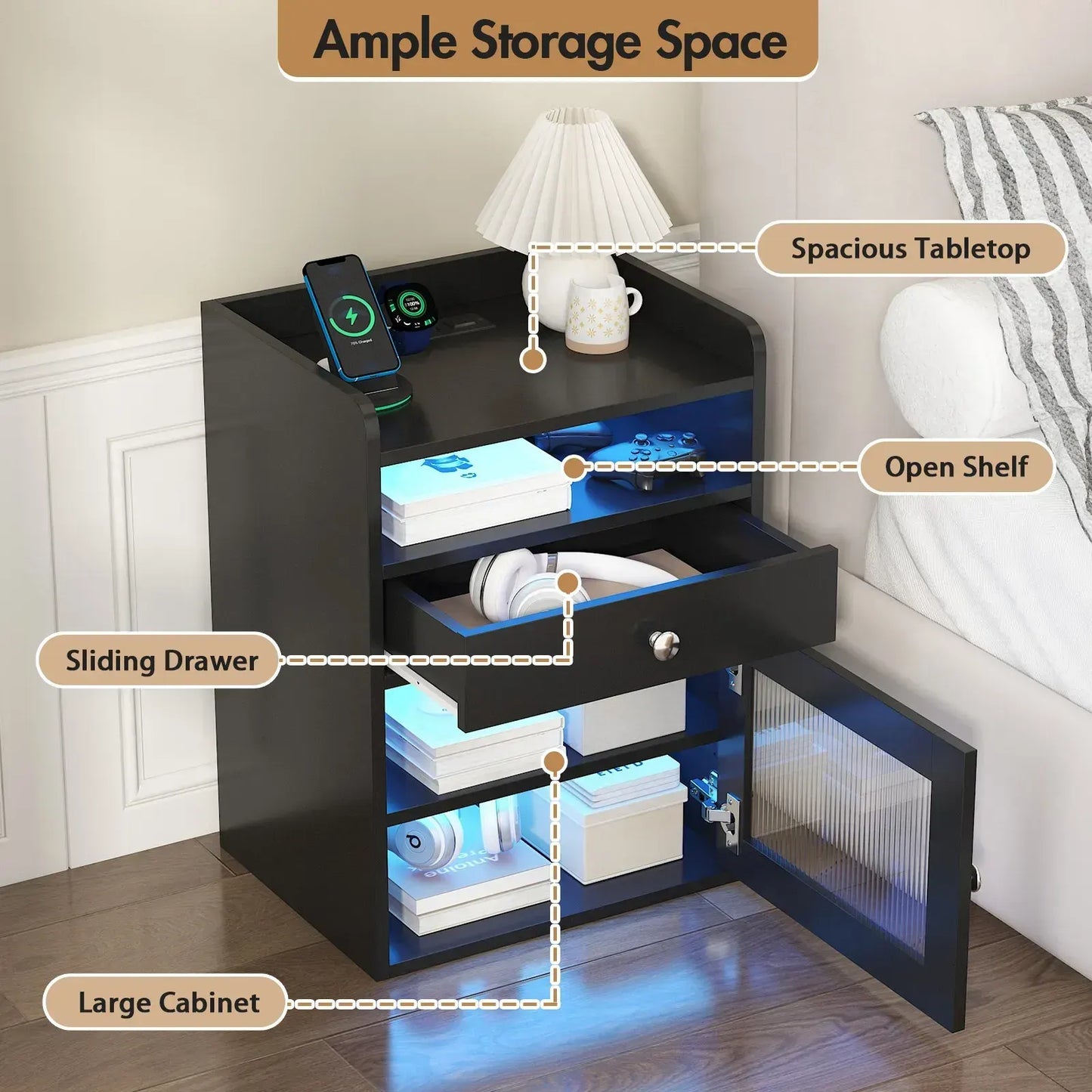 Black Bedside Table with Acrylic Door, Charging Station and RGB LED Light - Image 7