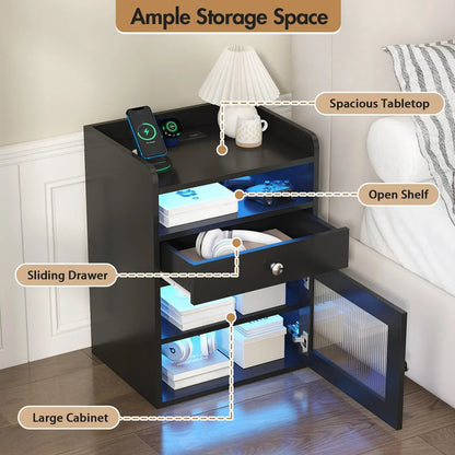 Black Bedside Table with Acrylic Door, Charging Station and RGB LED Light - Image 7