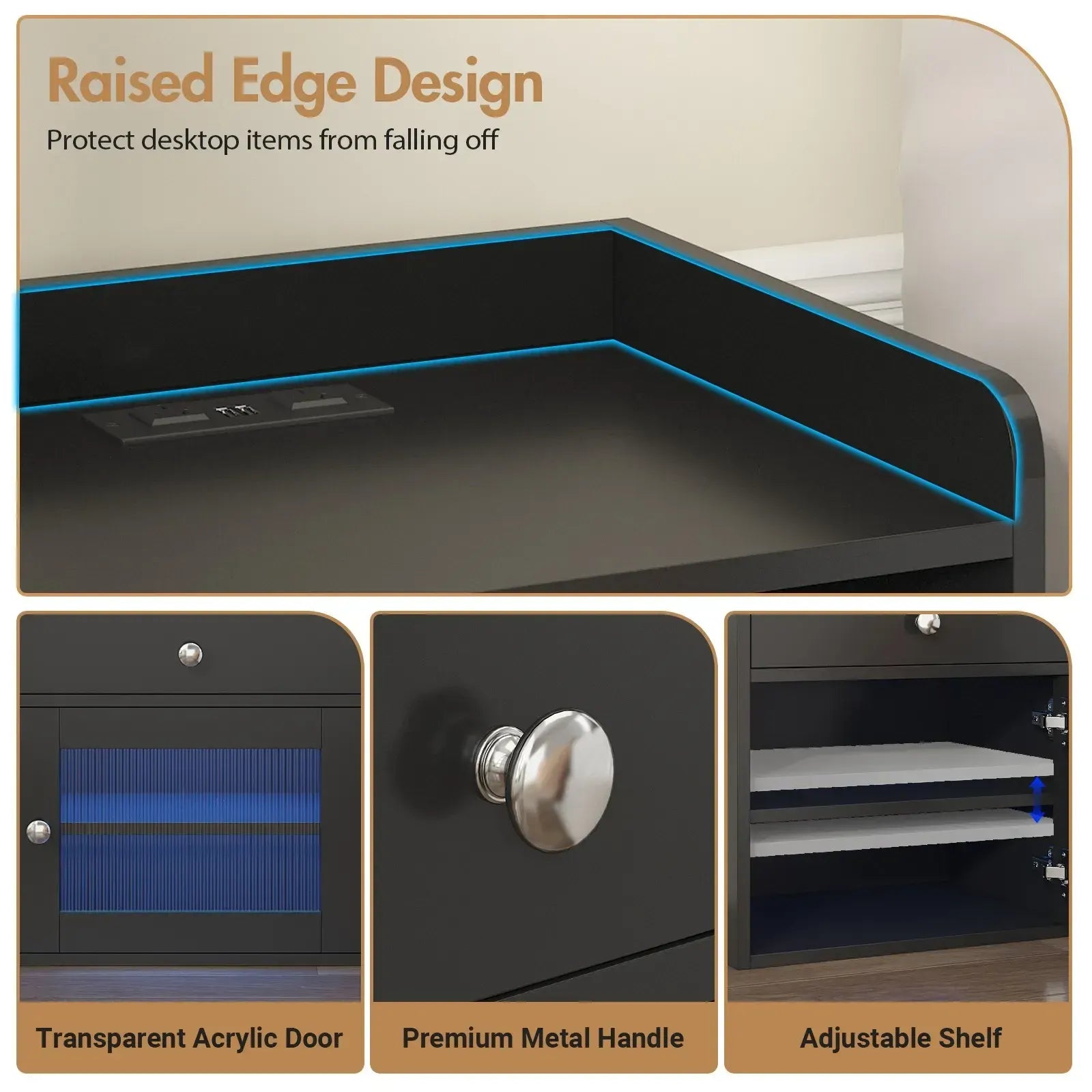 Black Bedside Table with Acrylic Door, Charging Station and RGB LED Light - Image 8