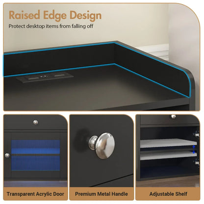 Black Bedside Table with Acrylic Door, Charging Station and RGB LED Light - Image 8