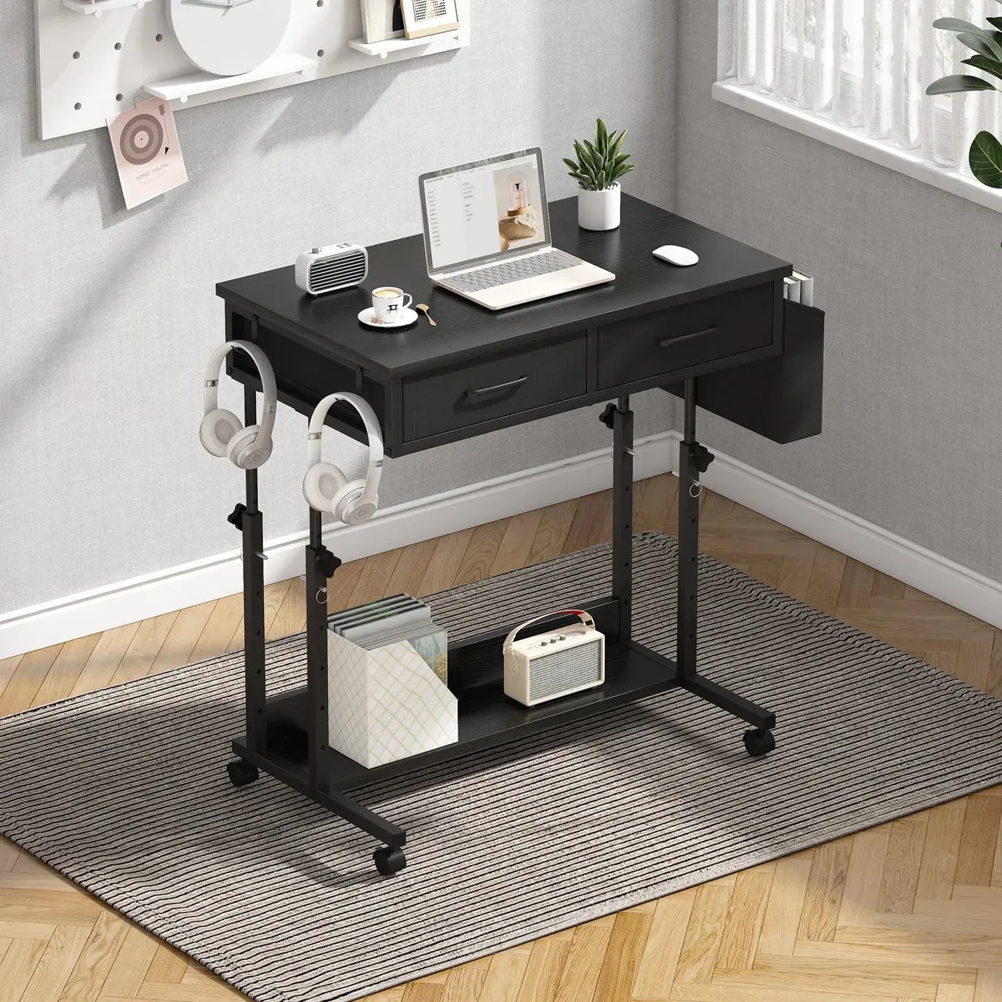 Small Portable Black Rolling Standing Desk with Wheels 80 x 48cm