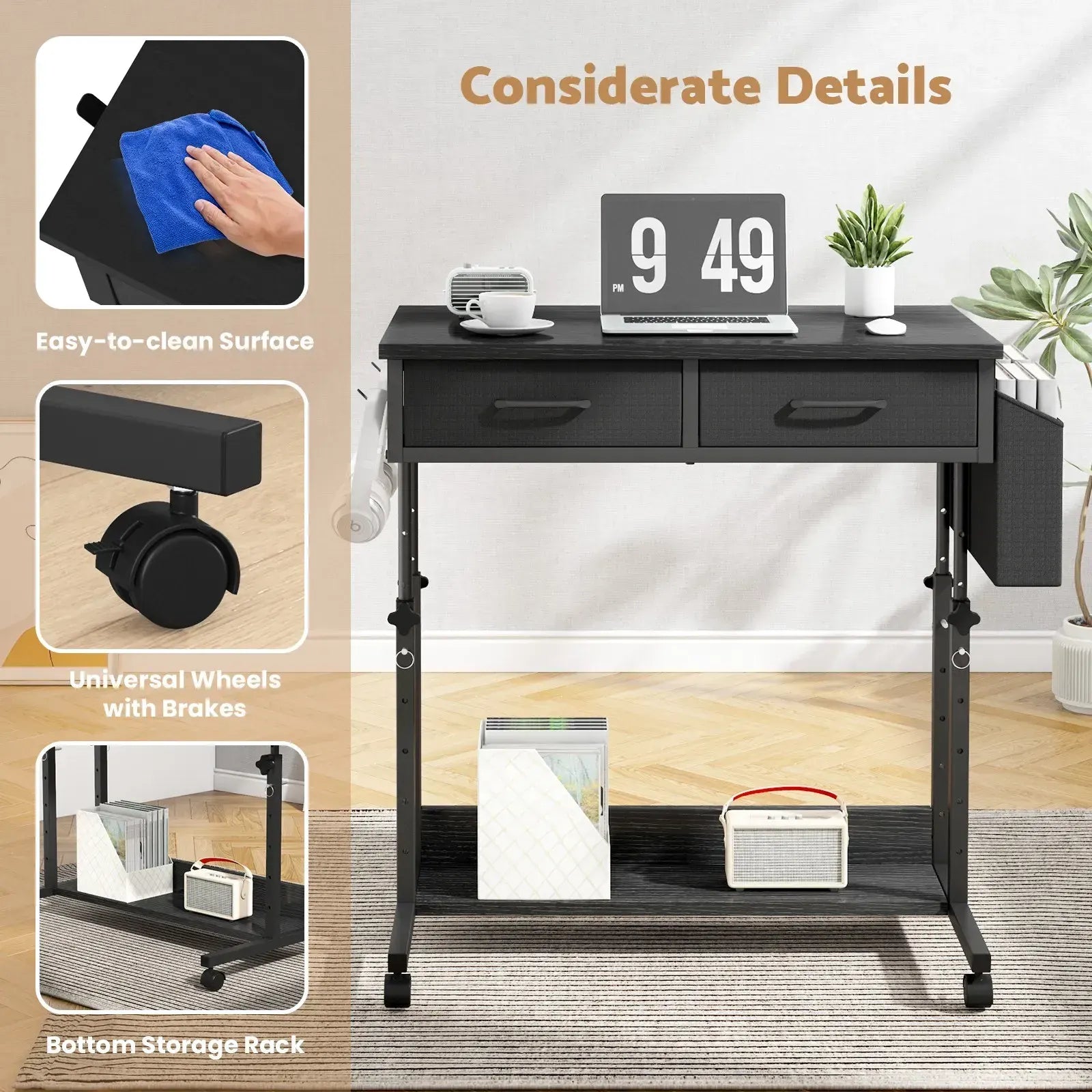 Small Portable Black Rolling Standing Desk with Wheels 80 x 48cm - Image 2