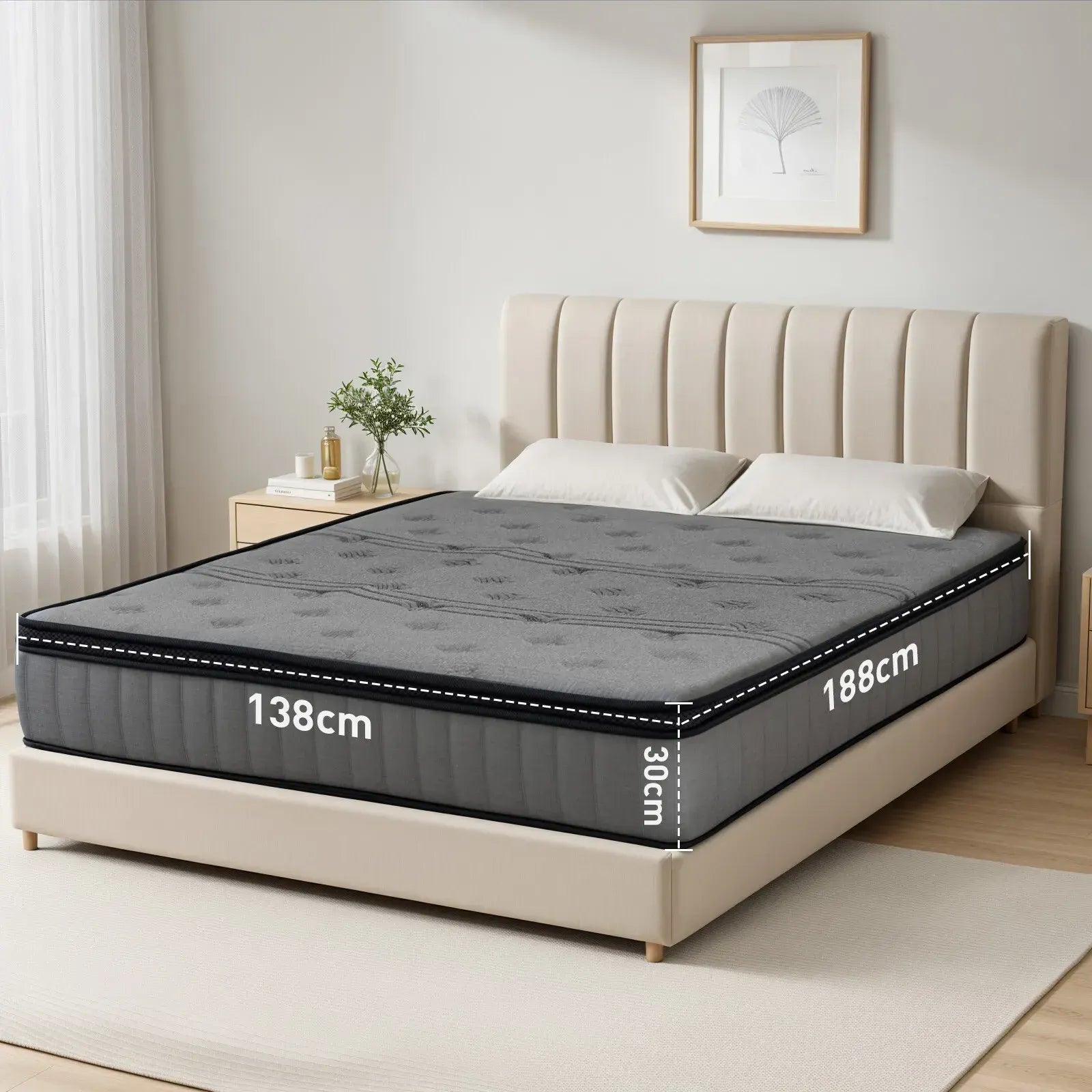 Double Mattress 30CM Thick Medium Firm Pocket Springs Euro Top Memory Foam in Grey - Image 7
