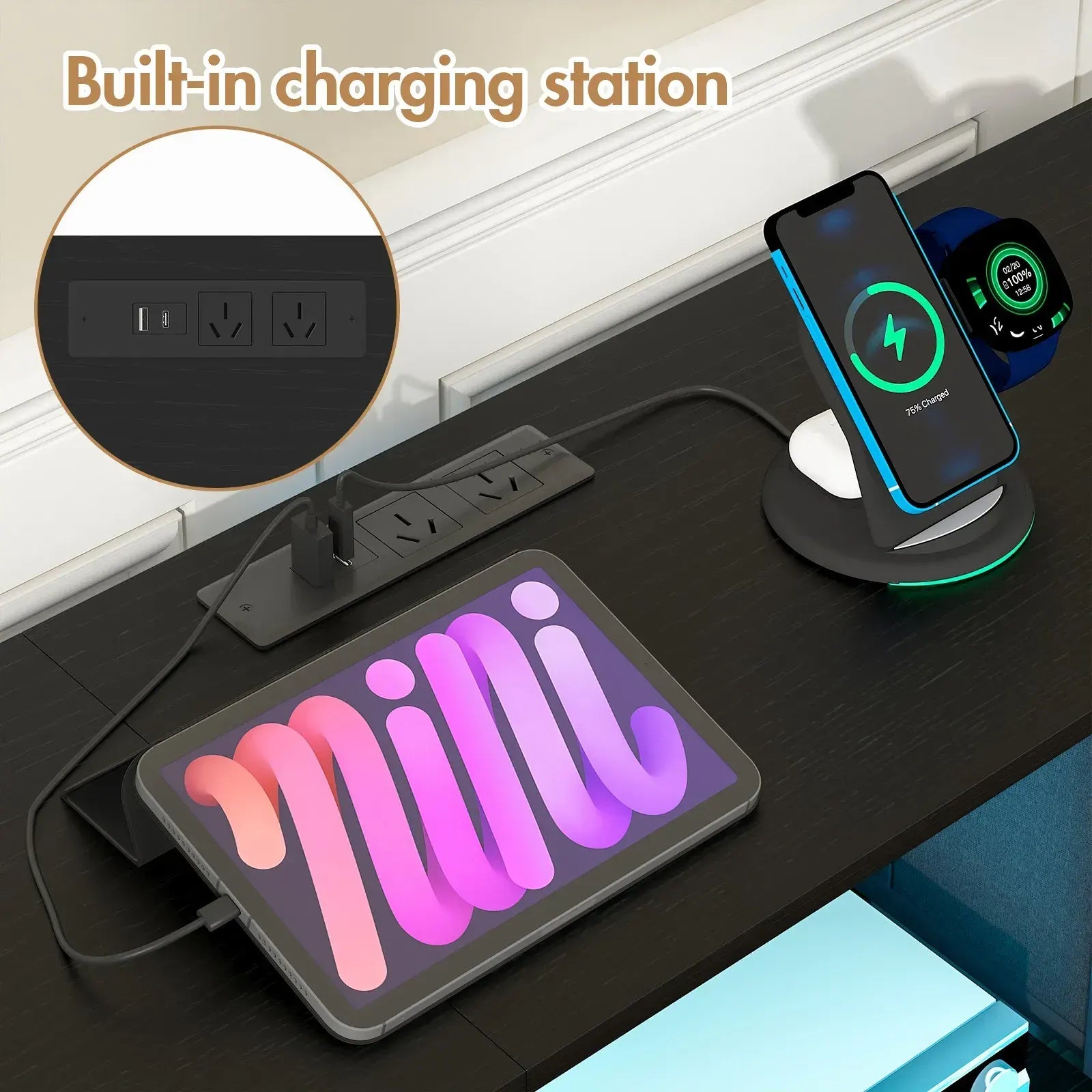 140cm Black LED TV Cabinet Entertainment Unit with Power Outlets - Image 3
