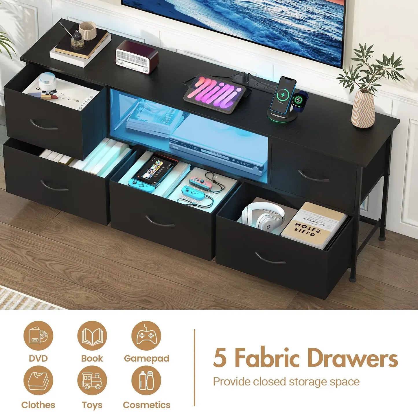 140cm Black LED TV Cabinet Entertainment Unit with Power Outlets - Image 5