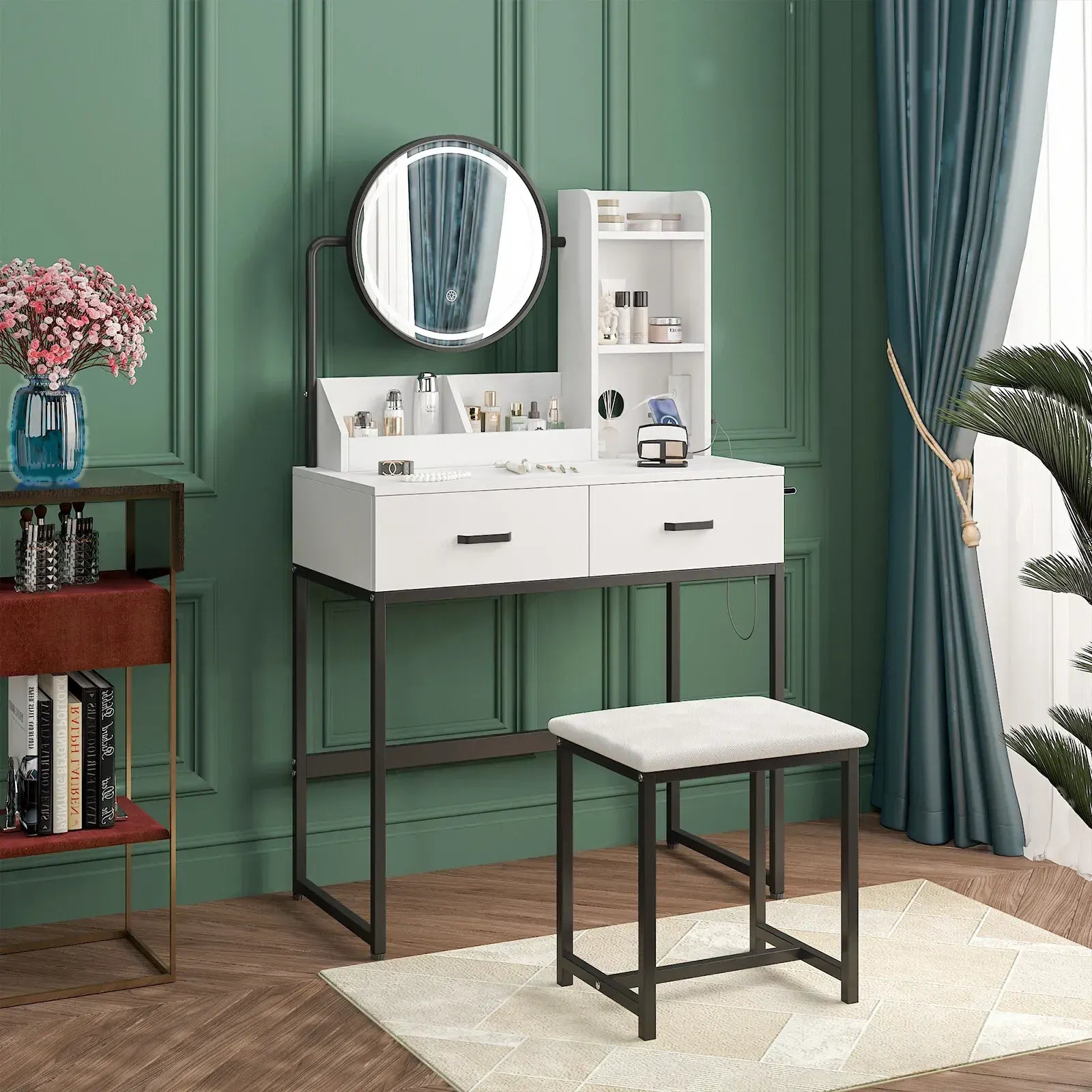 White Black Dressing Table Stool Set with LED Lights and Charging Station, 80x136cm - Image 2