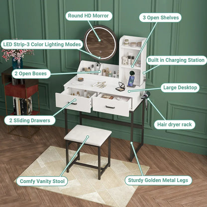 White Black Dressing Table Stool Set with LED Lights and Charging Station, 80x136cm - Image 4