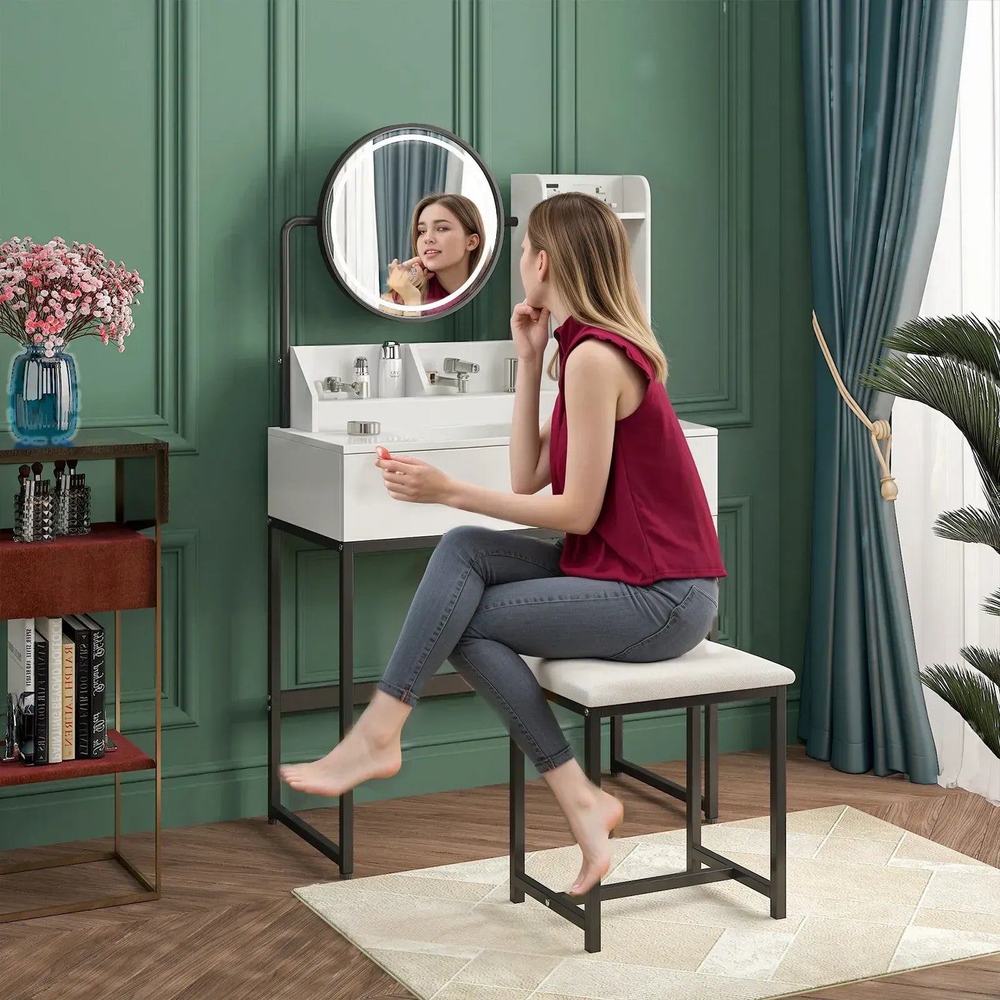 White Black Dressing Table Stool Set with LED Lights and Charging Station, 80x136cm - Image 5