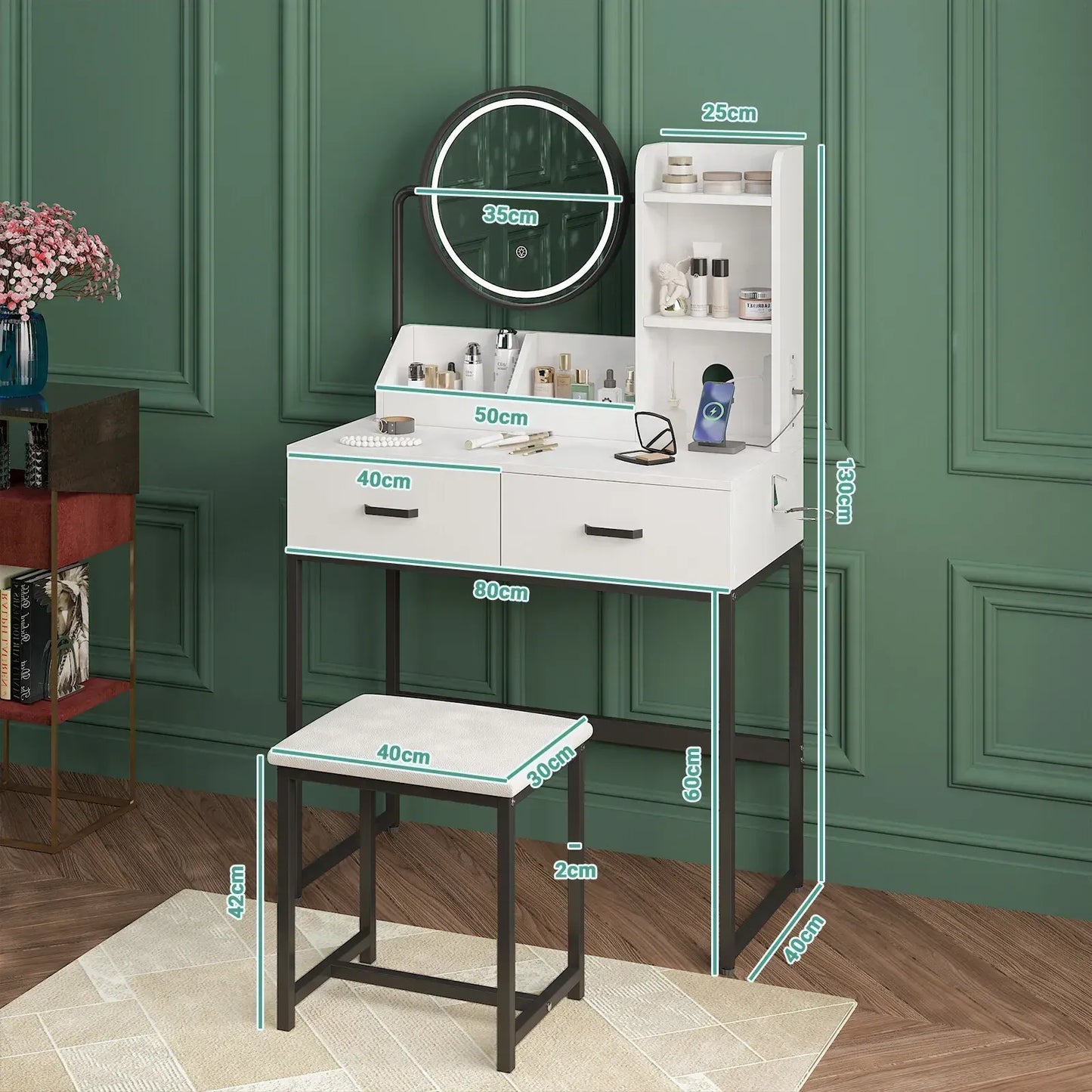 White Black Dressing Table Stool Set with LED Lights and Charging Station, 80x136cm - Image 9