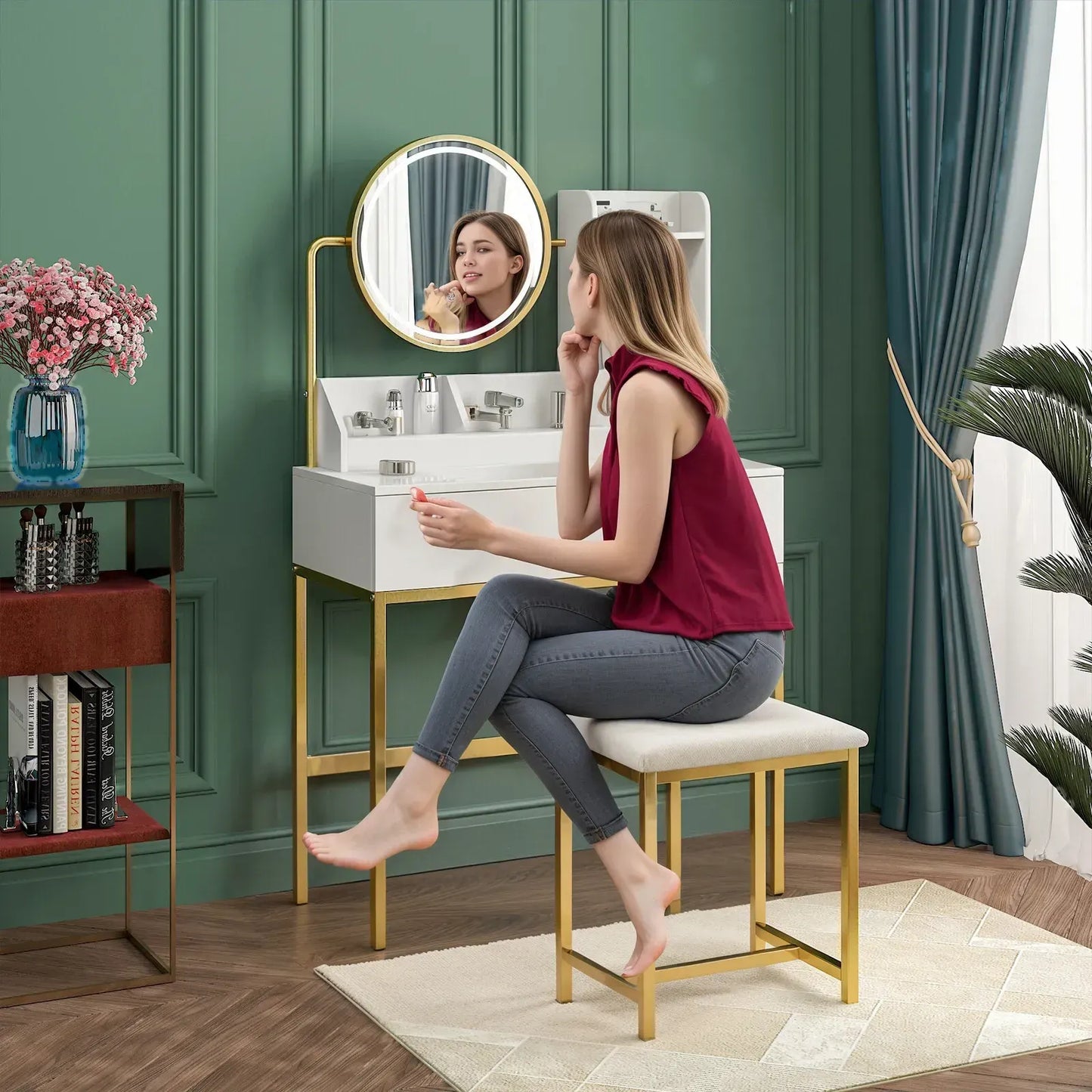 Dressing Table Stool Set in White & Gold with LED Lights and Charging Station - Image 3