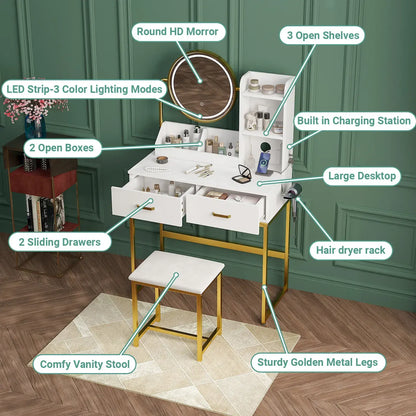 Dressing Table Stool Set in White & Gold with LED Lights and Charging Station - Image 4