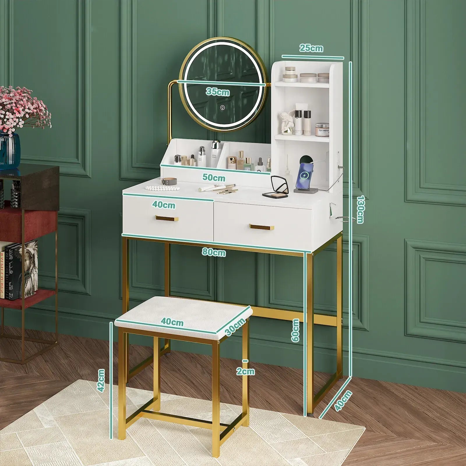 Dressing Table Stool Set in White & Gold with LED Lights and Charging Station - Image 6