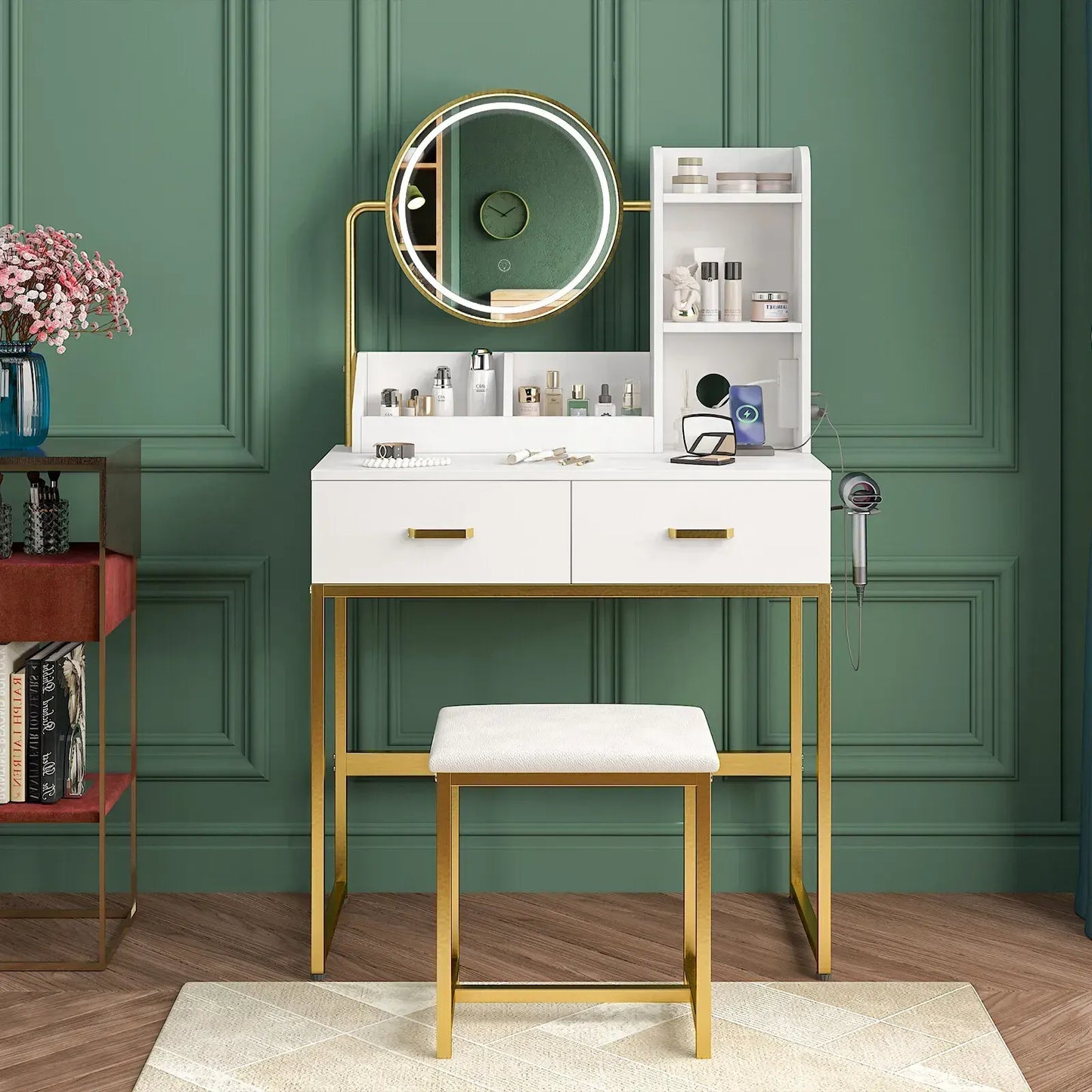 Dressing Table Stool Set in White & Gold with LED Lights and Charging Station - Image 8