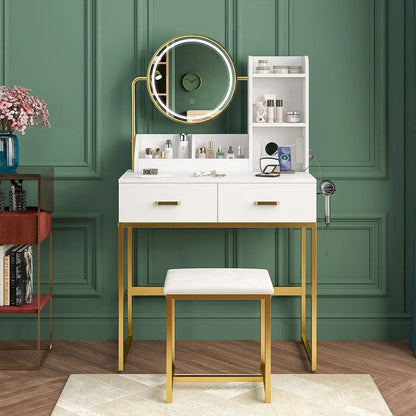 Dressing Table Stool Set in White & Gold with LED Lights and Charging Station - Image 8