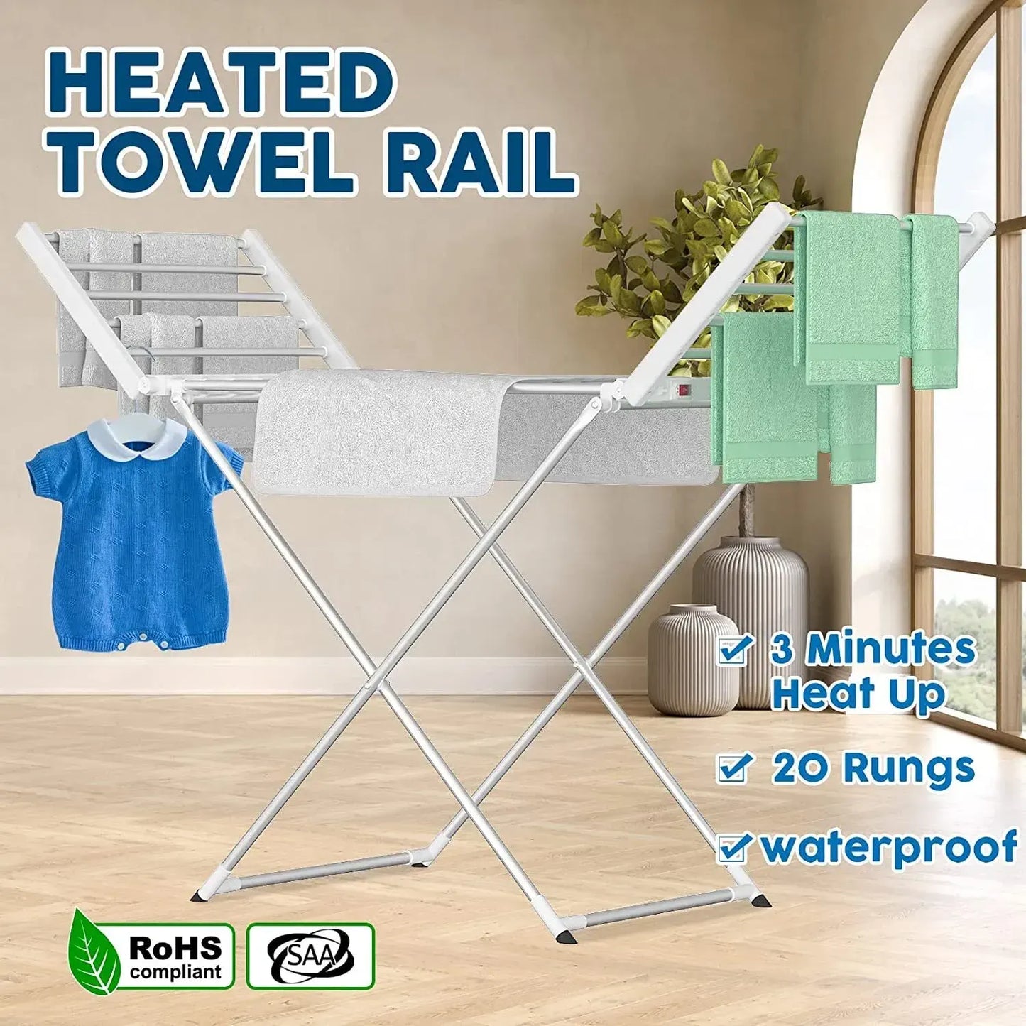 White 220W Electric Heated Towel Rack in Silver with 20 Bars for Fast Drying - Image 2