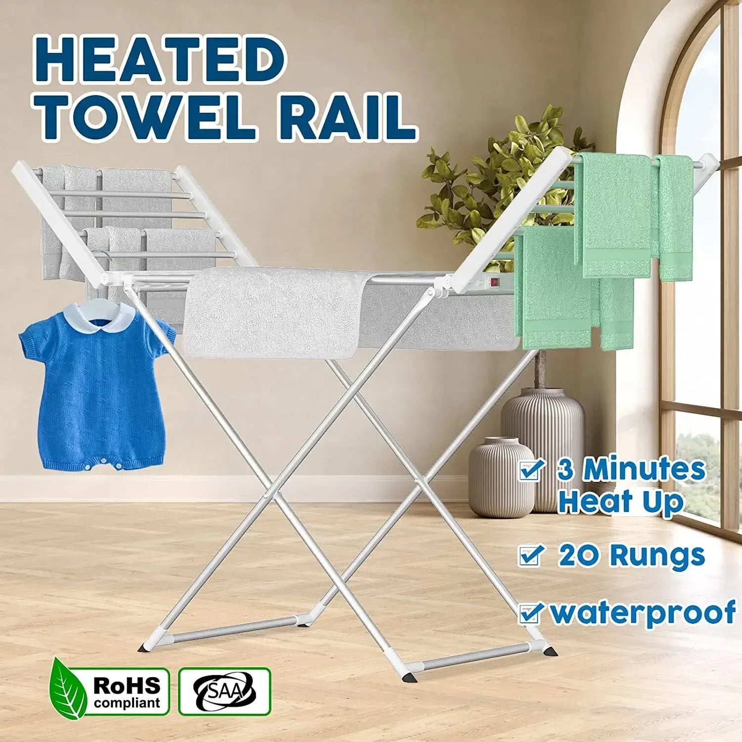 White 220W Electric Heated Towel Rack in Silver with 20 Bars for Fast Drying - Image 2