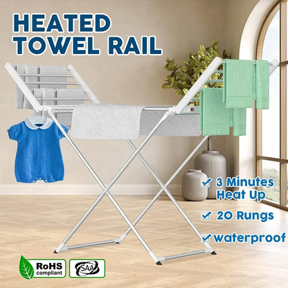 White 220W Electric Heated Towel Rack in Silver with 20 Bars for Fast Drying - Image 2