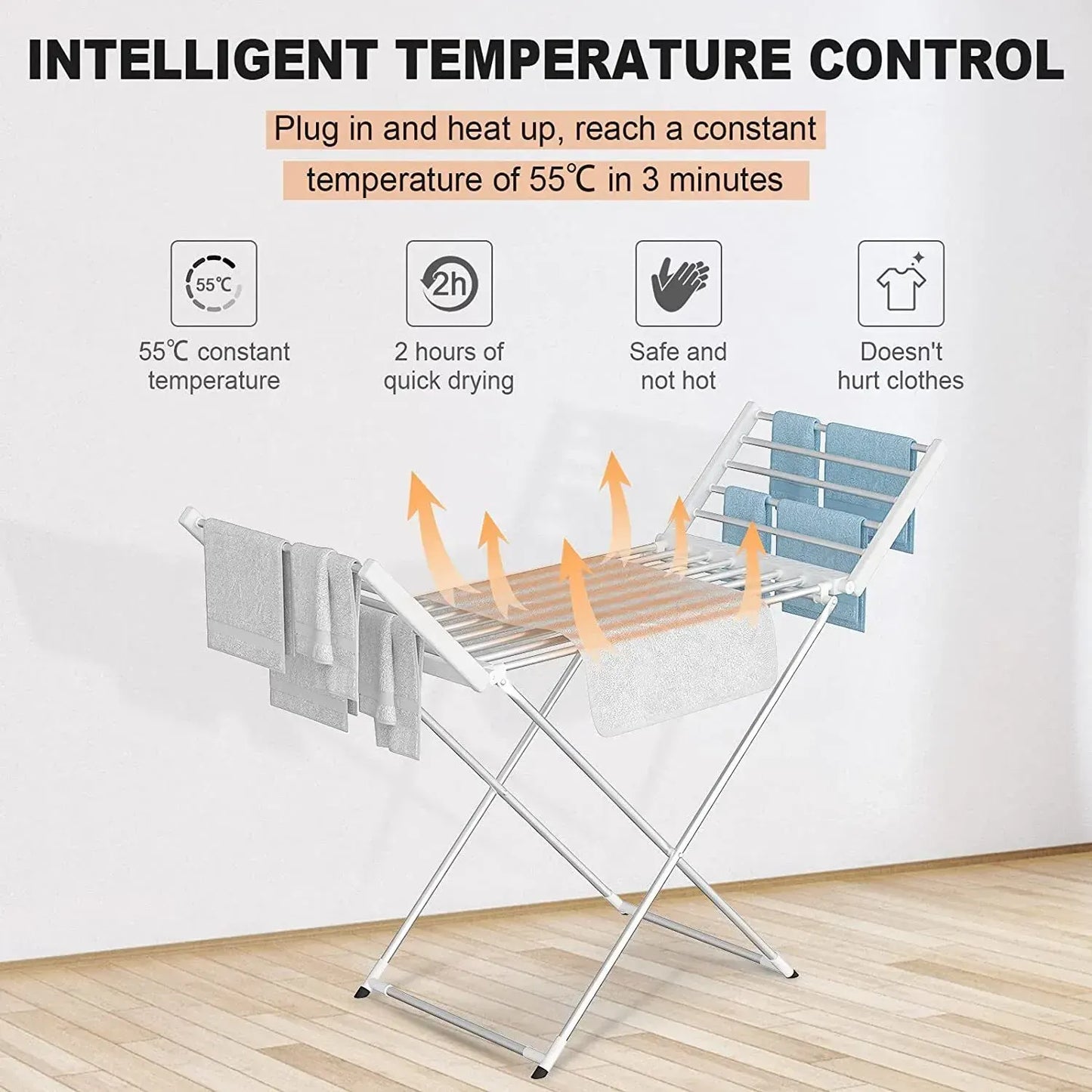 White 220W Electric Heated Towel Rack in Silver with 20 Bars for Fast Drying - Image 6