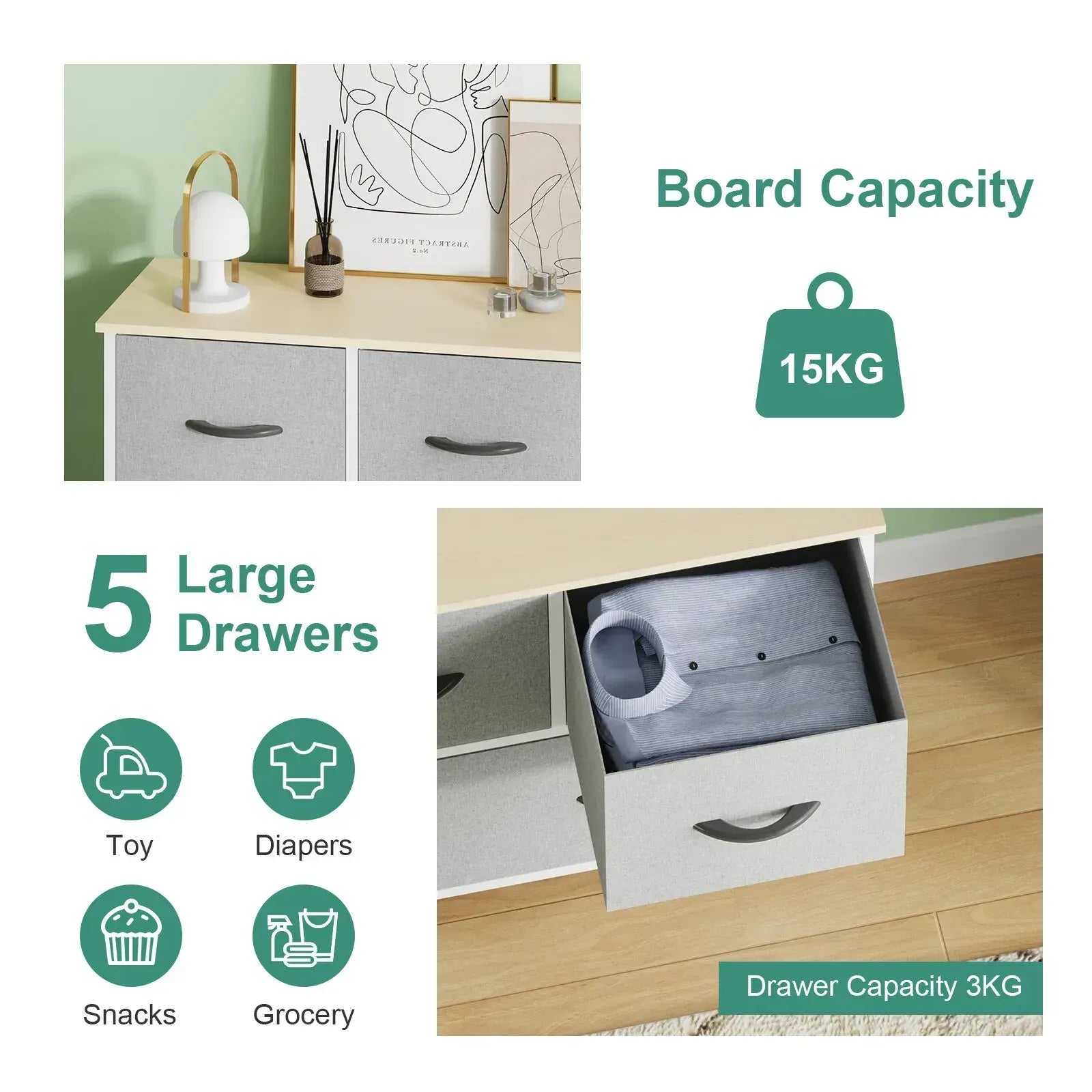 Black Chest of 5 Drawers Storage Cabinet Dresser Unit for Living Room or Bedroom - Image 4