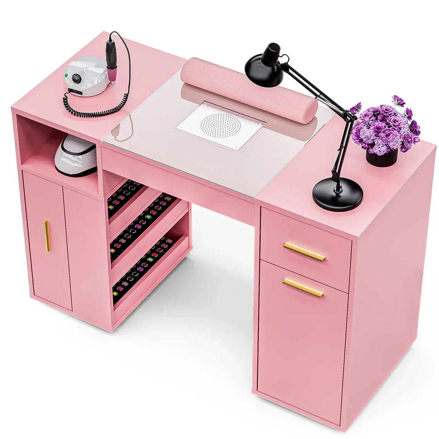 Pink Manicure Table with Electric Dust Collector and Storage, 108x45x77cm